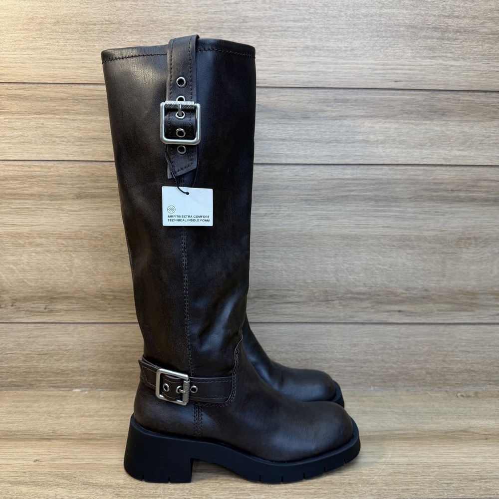 Zara Brown Leather Knee High Riding Boots With Buckle Women Size US 6 EU 36 New